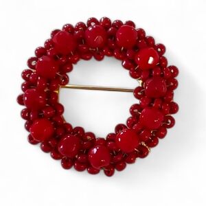 Hobe Red Beaded Vintage Circle Brooch Pin